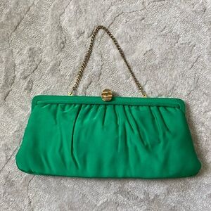 After Five Vintage Emerald Satin Evening Clutch with Gold Chain